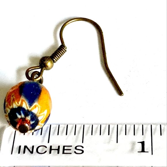 Vtg Murano Glass Bead Earrings Orange Blue White Hand Made Round Gold Tone Italy - Picture 8 of 9